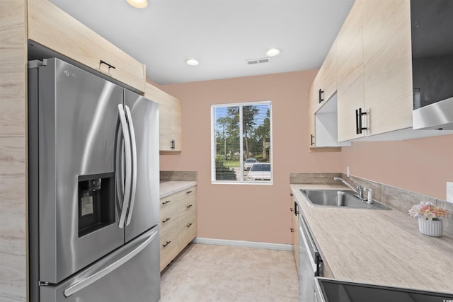 251 Myrtle Greens Dr Unit B, Conway, SC 29526 - kitchen with stainless steel fridge with ice dispenser, light brown cabinets, light countertops, and recessed lighting
