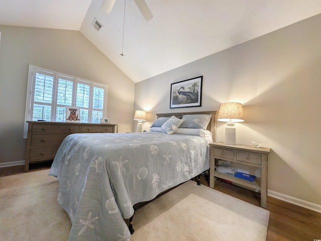 50 Pawleys Place Dr Unit 50, Pawleys Island, SC 29585 - bedroom featuring a ceiling fan, high vaulted ceiling, and wood finished floors