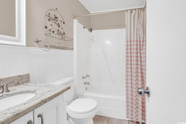401 Hillside Dr N Unit 2F, North Myrtle Beach, SC 29582 - full bathroom with shower / bath combination with curtain, a wainscoted wall, vanity, and tile patterned floors