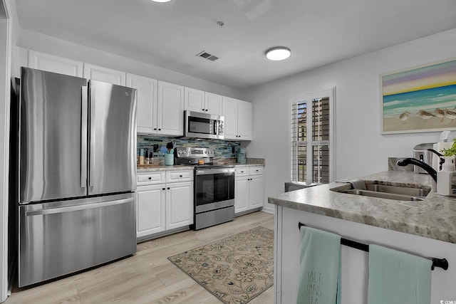 139 Butkus Dr Unit 3, Myrtle Beach, SC 29588 - kitchen with stainless steel appliances, light wood-type flooring, white cabinets, and backsplash