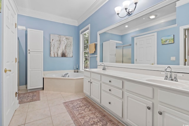 4495 Trotters Ct, Murrells Inlet, SC 29576 - full bathroom with a bath, double vanity, crown molding, a shower stall, and tile patterned flooring
