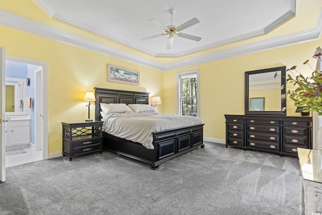 4495 Trotters Ct, Murrells Inlet, SC 29576 - bedroom featuring a raised ceiling, crown molding, carpet, ensuite bath, and a ceiling fan