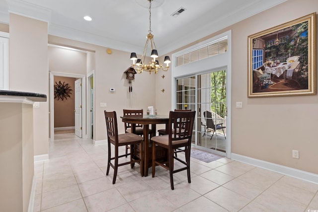4495 Trotters Ct, Murrells Inlet, SC 29576 - dining space with a chandelier, light tile patterned floors, ornamental molding, and recessed lighting