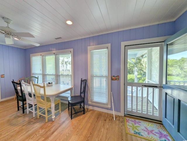 206 Atlantic Ave, Pawleys Island, SC 29585 - dining area with light wood-style floors, wooden ceiling, and a ceiling fan