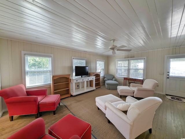 206 Atlantic Ave, Pawleys Island, SC 29585 - living room with wood-type flooring, a ceiling fan, and wooden ceiling