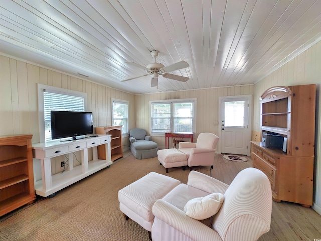 206 Atlantic Ave, Pawleys Island, SC 29585 - living area featuring plenty of natural light, wood ceiling, ceiling fan, wood finished floors, and wooden walls