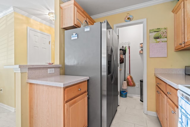 4654 Fringetree Dr Unit 7B, Murrells Inlet, SC 29576 - kitchen featuring stainless steel fridge, crown molding, light marble finish flooring, light countertops, and range