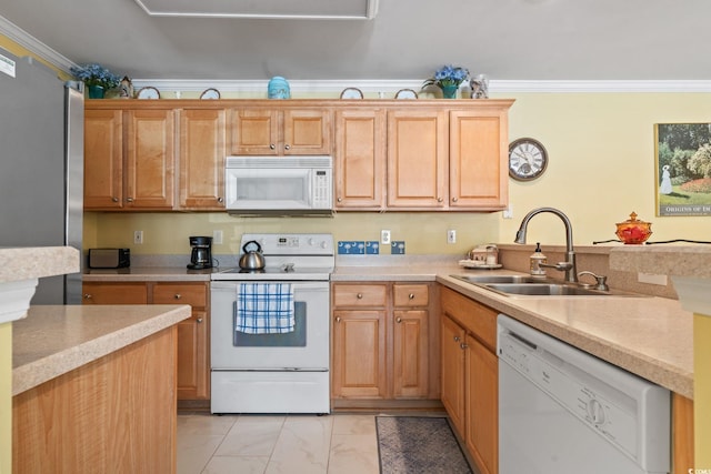 4654 Fringetree Dr Unit 7B, Murrells Inlet, SC 29576 - kitchen with white appliances, light marble finish floors, light countertops, ornamental molding, and a peninsula