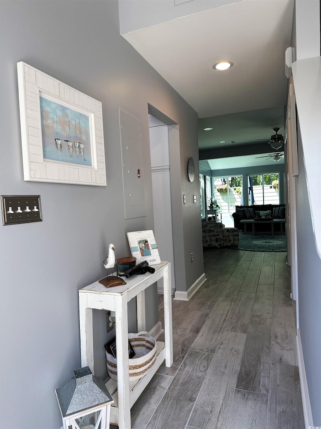 435 Ocean Creek Dr Unit 2731, Myrtle Beach, SC 29572 - hallway with electric panel, wood finished floors, and recessed lighting