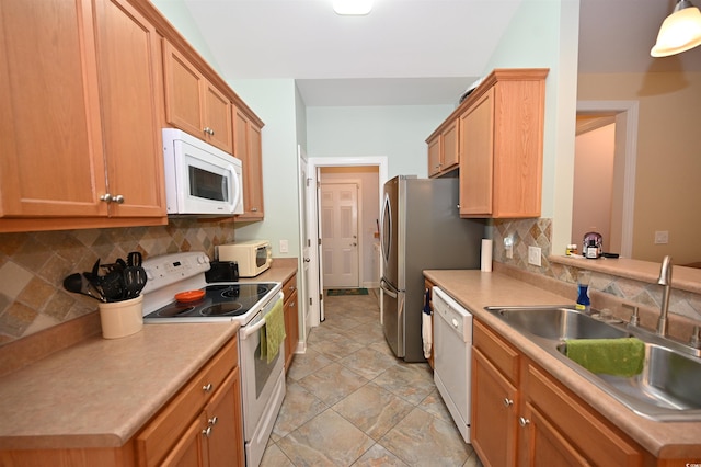 205 Cupola Dr, Longs, SC 29568 - kitchen featuring white appliances, backsplash, light countertops, and light stone finish flooring
