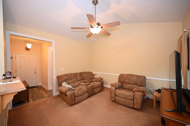 205 Cupola Dr, Longs, SC 29568 - living room featuring lofted ceiling, ceiling fan, and carpet