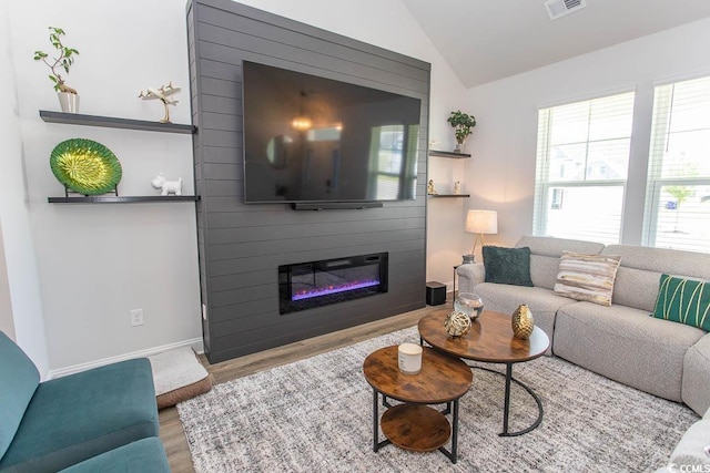 2429 Campton Loop, Conway, SC 29527 - living area with wood finished floors, a fireplace, and lofted ceiling