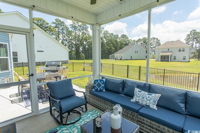 2429 Campton Loop, Conway, SC 29527 - fenced backyard featuring outdoor lounge area, ceiling fan, grilling area, and a patio area
