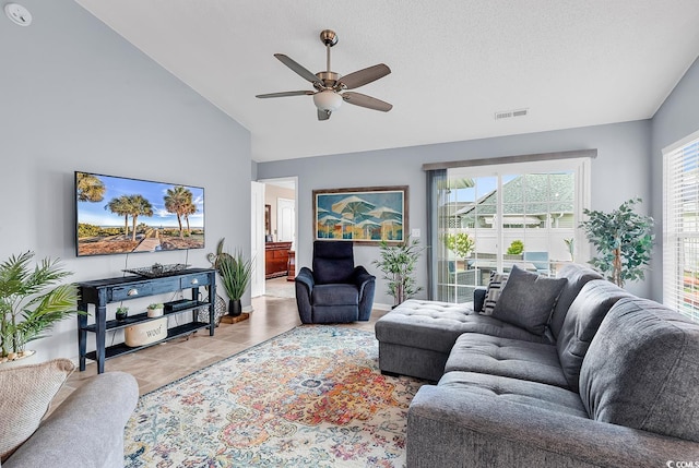 7977 Leeward Ln, Murrells Inlet, SC 29576 - living area with a ceiling fan and high vaulted ceiling
