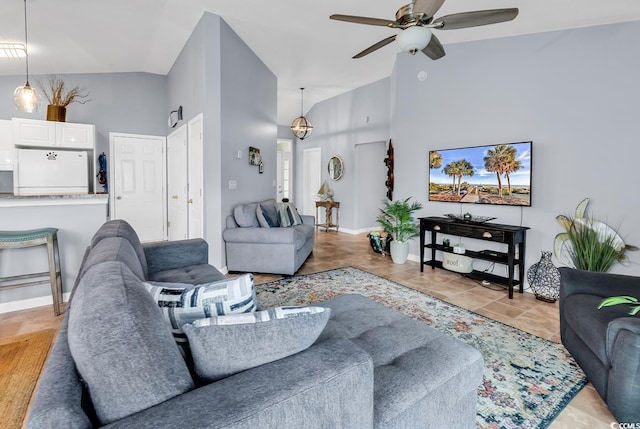 7977 Leeward Ln, Murrells Inlet, SC 29576 - living area with high vaulted ceiling, a ceiling fan, and light tile patterned floors
