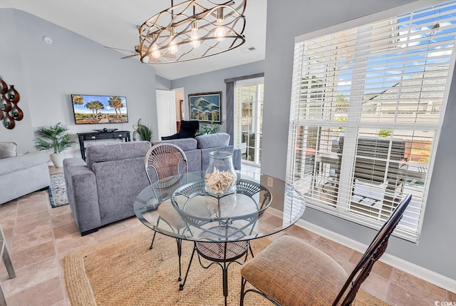 7977 Leeward Ln, Murrells Inlet, SC 29576 - dining area featuring lofted ceiling and a chandelier