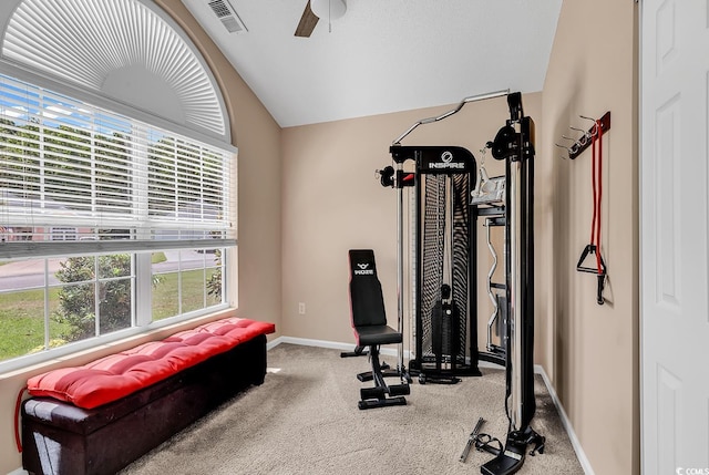 7977 Leeward Ln, Murrells Inlet, SC 29576 - exercise room with lofted ceiling, carpet floors, and a ceiling fan