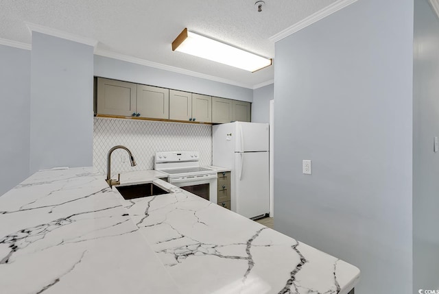 4350 Intracoastal Dr Unit 1403, Little River, SC 29566 - kitchen featuring white appliances, gray cabinetry, light stone counters, a textured ceiling, and ornamental molding