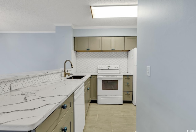 4350 Intracoastal Dr Unit 1403, Little River, SC 29566 - kitchen featuring white appliances, light marble finish floors, ornamental molding, light stone countertops, and tasteful backsplash