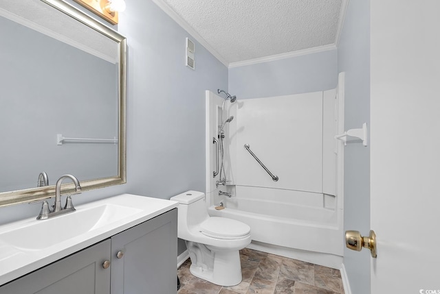 4350 Intracoastal Dr Unit 1403, Little River, SC 29566 - full bath with a textured ceiling, shower / washtub combination, ornamental molding, vanity, and stone finish floors