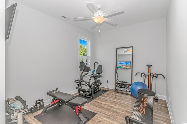 143 Enclave Pl, Pawleys Island, SC 29585 - workout room with a ceiling fan and wood finished floors