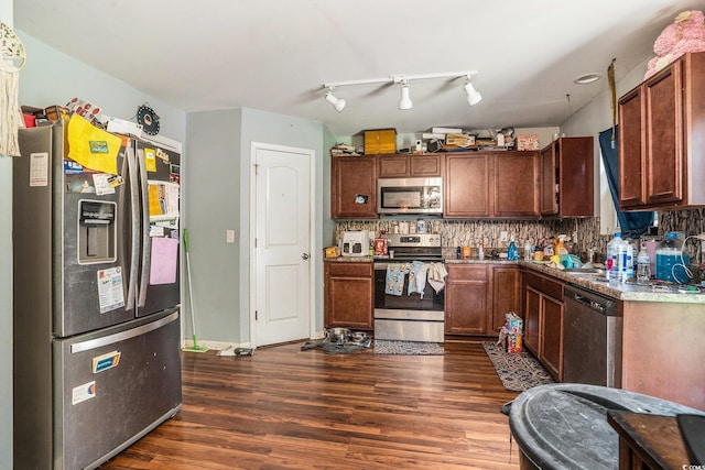 912 Clay Pigeon Ct, Longs, SC 29568 - kitchen featuring stainless steel appliances, dark wood-type flooring, and tasteful backsplash