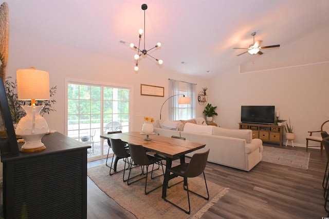 523 Charlton Blvd, Georgetown, SC 29440 - dining area featuring vaulted ceiling, dark wood finished floors, a chandelier, and a ceiling fan