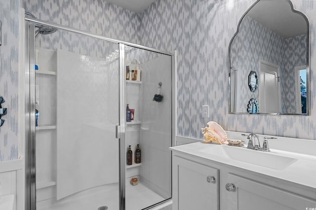 208 Forestbrook Cove Cir, Myrtle Beach, SC 29588 - full bath featuring wallpapered walls, a shower stall, and vanity
