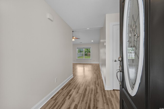 104 Fox Trot Dr, Galivants Ferry, SC 29544 - entrance foyer featuring light wood finished floors, a ceiling fan, and recessed lighting
