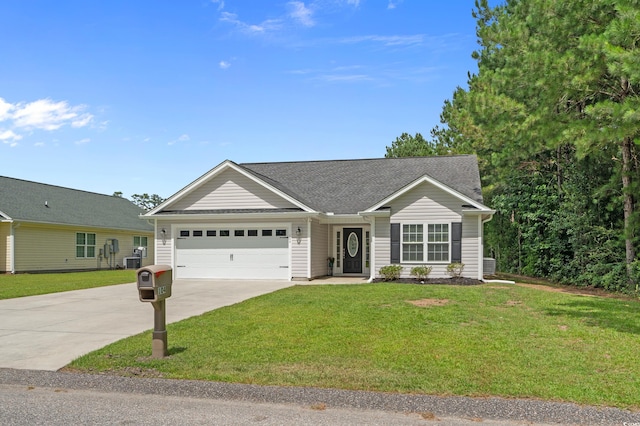 104 Fox Trot Dr, Galivants Ferry, SC 29544 - ranch-style house with driveway, a garage, a front lawn, and roof with shingles