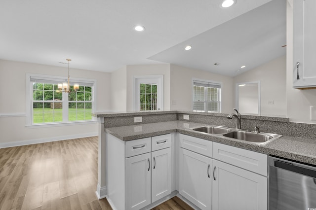 104 Fox Trot Dr, Galivants Ferry, SC 29544 - kitchen with dishwasher, white cabinetry, recessed lighting, light wood finished floors, and hanging light fixtures