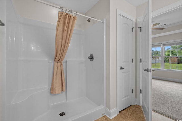 104 Fox Trot Dr, Galivants Ferry, SC 29544 - bathroom with a shower with shower curtain, tile patterned flooring, and ceiling fan