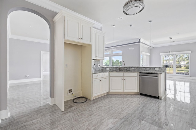 257 Venice Way Unit 2201, Myrtle Beach, SC 29577 - kitchen with stainless steel dishwasher, stone counters, ornamental molding, arched walkways, and plenty of natural light