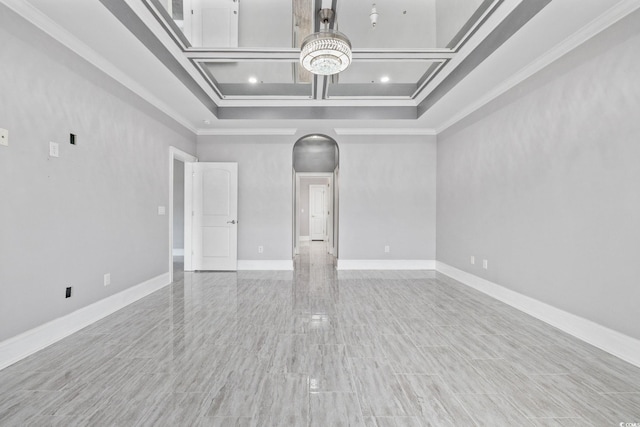 257 Venice Way Unit 2201, Myrtle Beach, SC 29577 - unfurnished room with arched walkways, crown molding, coffered ceiling, and a towering ceiling
