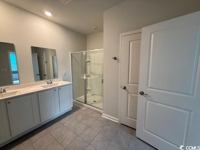 2061 Ridgedale Dr, Conway, SC 29526 - bathroom featuring tile patterned flooring, a stall shower, double vanity, and recessed lighting