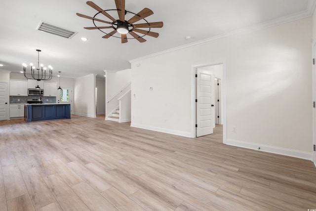 1712 26th Ave N, North Myrtle Beach, SC 29582 - unfurnished living room featuring ceiling fan, ornamental molding, recessed lighting, stairs, and light wood-type flooring