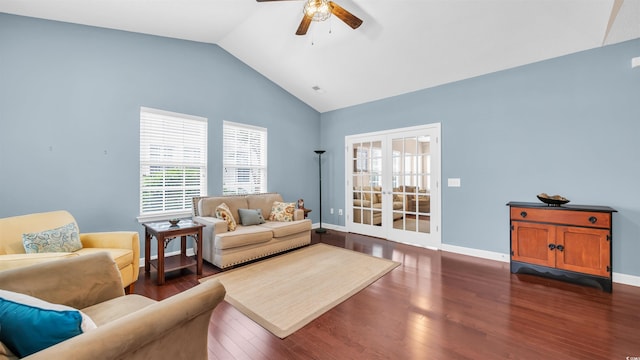 173 Knight Cir Unit 1, Pawleys Island, SC 29585 - living area featuring a ceiling fan, plenty of natural light, dark wood-style flooring, high vaulted ceiling, and french doors