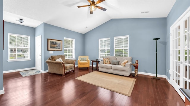 173 Knight Cir Unit 1, Pawleys Island, SC 29585 - living room with ceiling fan, vaulted ceiling, plenty of natural light, and wood finished floors