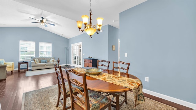 173 Knight Cir Unit 1, Pawleys Island, SC 29585 - dining area with ceiling fan, dark wood-style floors, lofted ceiling, and a chandelier