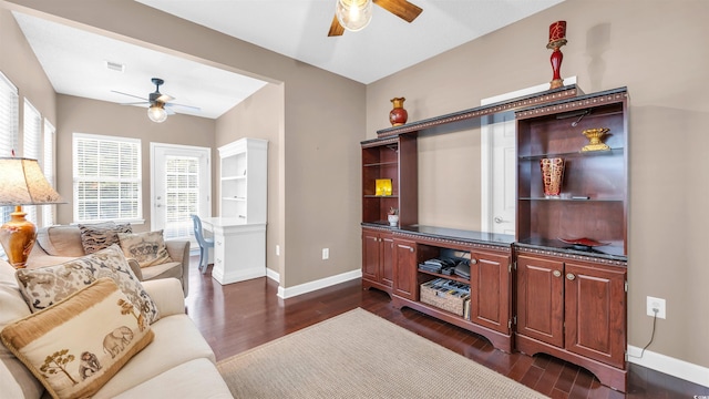 173 Knight Cir Unit 1, Pawleys Island, SC 29585 - living room featuring a ceiling fan and dark wood-style floors