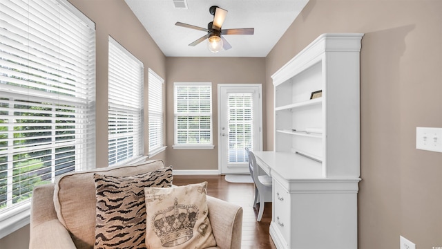 173 Knight Cir Unit 1, Pawleys Island, SC 29585 - home office with ceiling fan, dark wood-style floors, and healthy amount of natural light