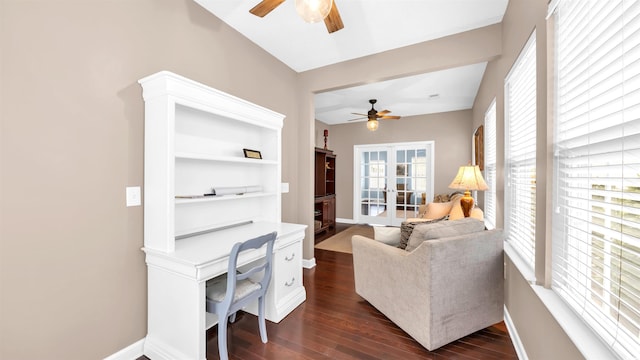 173 Knight Cir Unit 1, Pawleys Island, SC 29585 - living room with ceiling fan, dark wood-style floors, healthy amount of natural light, and a desk