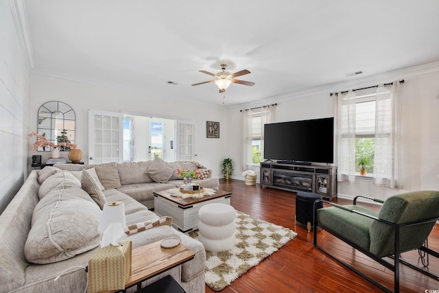 617 Carolina Farms Blvd, Myrtle Beach, SC 29579 - living room with crown molding, dark wood-style flooring, and ceiling fan