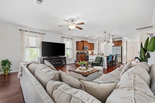 617 Carolina Farms Blvd, Myrtle Beach, SC 29579 - living room with ceiling fan, ornamental molding, dark wood finished floors, and recessed lighting