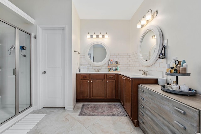 617 Carolina Farms Blvd, Myrtle Beach, SC 29579 - full bathroom with double vanity, a shower stall, and tasteful backsplash
