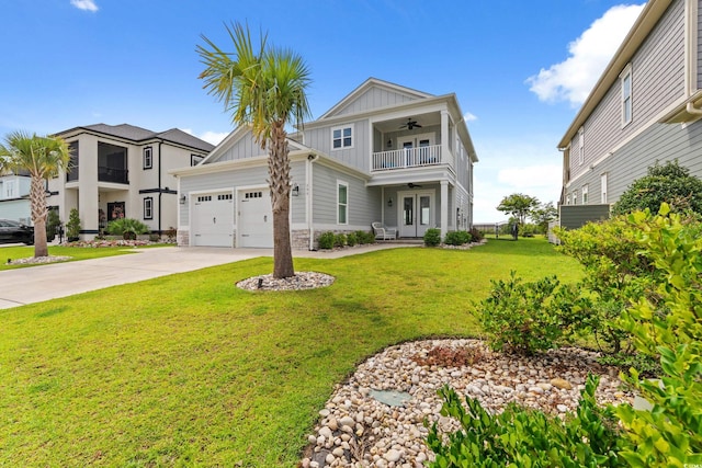 206 Palmetto Harbour Dr, North Myrtle Beach, SC 29582 - view of front facade featuring board and batten siding, ceiling fan, a front yard, concrete driveway, and a garage