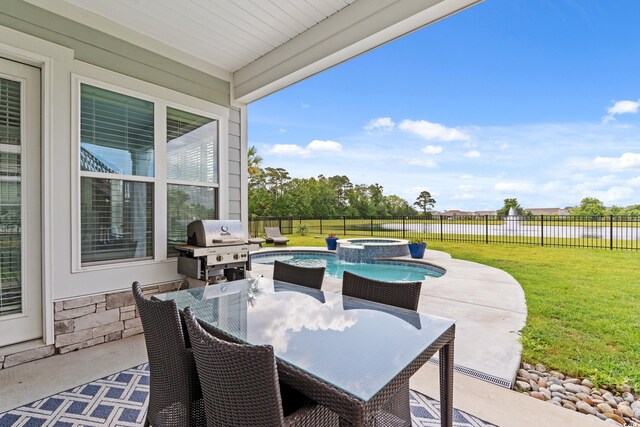 206 Palmetto Harbour Dr, North Myrtle Beach, SC 29582 - fenced backyard featuring a patio area, a grill, outdoor dining space, and a pool with connected hot tub