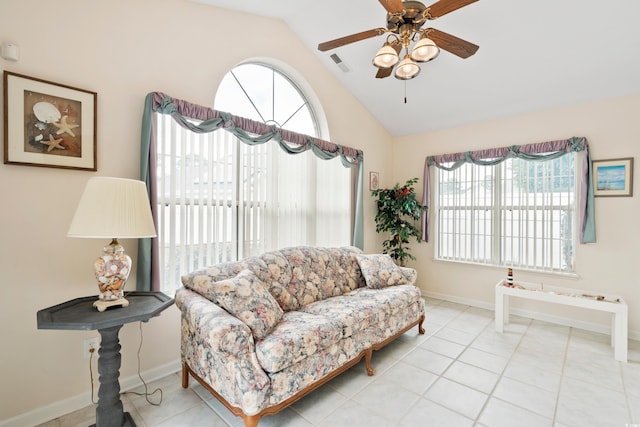 2443 Glen Dr, Little River, SC 29566 - living room with lofted ceiling, ceiling fan, and tile patterned floors
