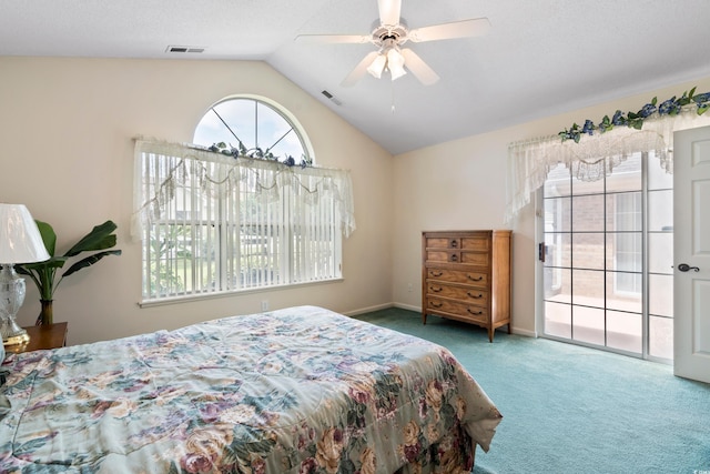 2443 Glen Dr, Little River, SC 29566 - bedroom with carpet flooring, vaulted ceiling, a ceiling fan, and access to outside
