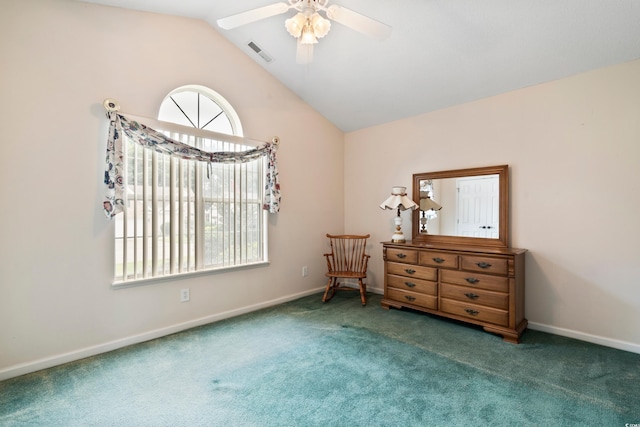 2443 Glen Dr, Little River, SC 29566 - living area with plenty of natural light, carpet, vaulted ceiling, and a ceiling fan